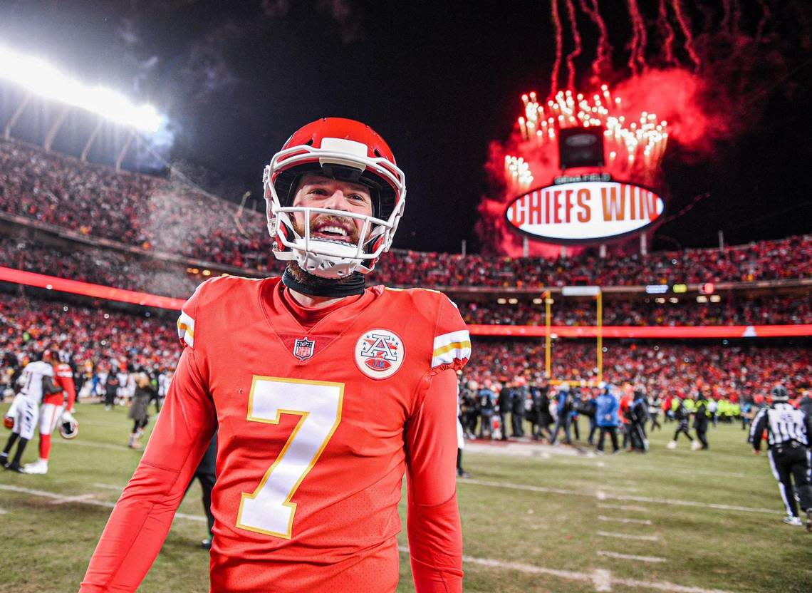 Kansas City Chiefs kicker Harrison Butker walks off the field after the Chiefs defeated the Cincinnati Begals to win the AFC Championship Game 23-20 Sunday, Jan. 29, 2023, at GEHA Field at Arrowhead Stadium. Buker kicked a field goal in the final seconds to win the game.