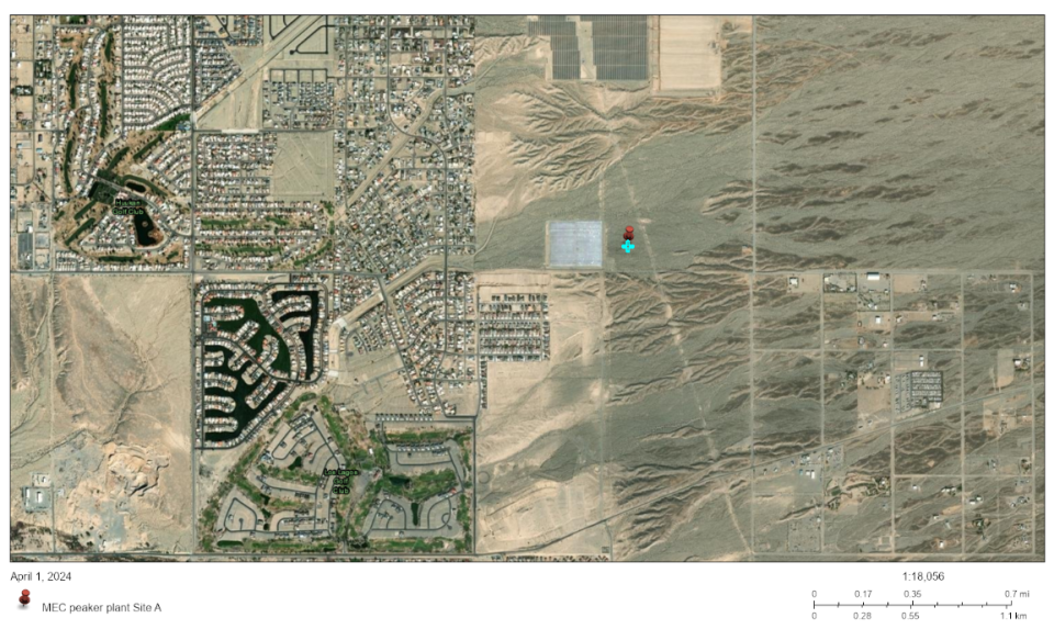 "Site A" for Mohave Electric Cooperative's proposed gas-fired peaker plant is shown as a blue cross on a map generated by the EPA's Environmental Justice Screening and Mapping tool, less than 2,000 feet from the Valley View at Sunrise Hills neighborhood in Fort Mohave.