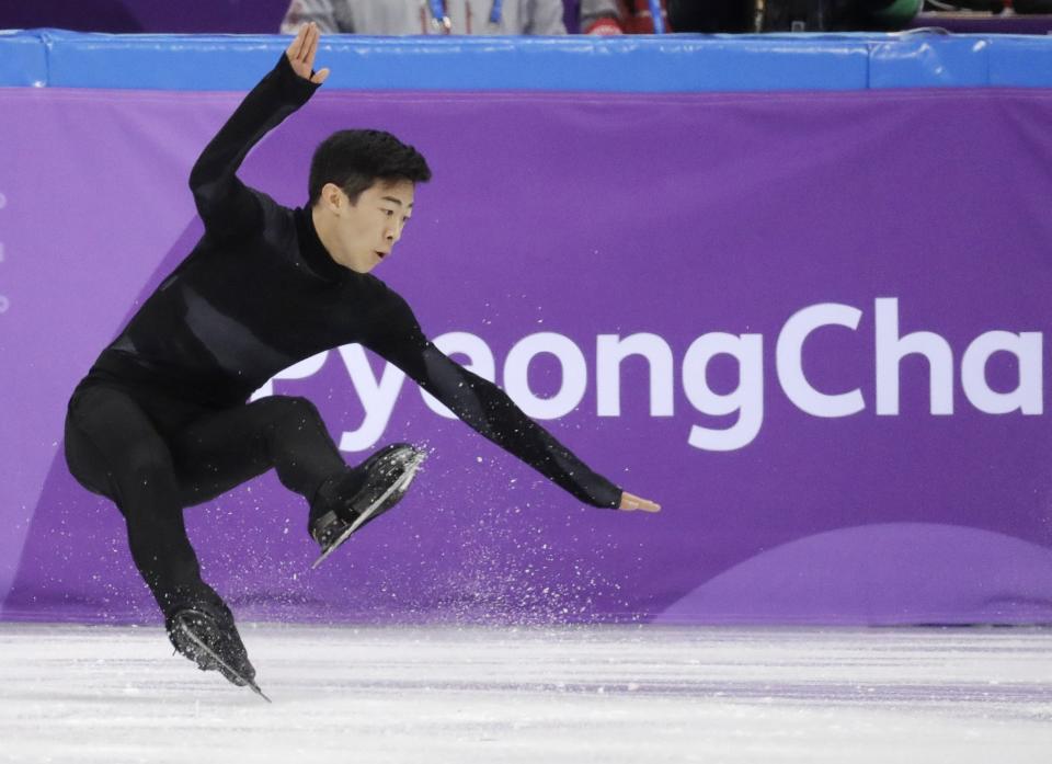 <p>United States’ Nathan Chen falls in the men’s single short program team event at the 2018 Winter Olympics in Gangneung, South Korea, Friday, Feb. 9, 2018. (AP Photo/Bernat Armangue) </p>