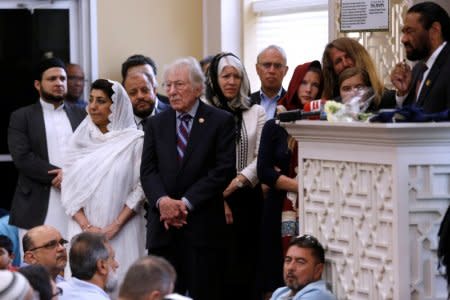 Community leaders speak during a funeral prayer service for Sabika Sheikh at the Brand Lane Islamic Center in Stafford, Texas, U.S., May 20, 2018. REUTERS/Jonathan Bachman