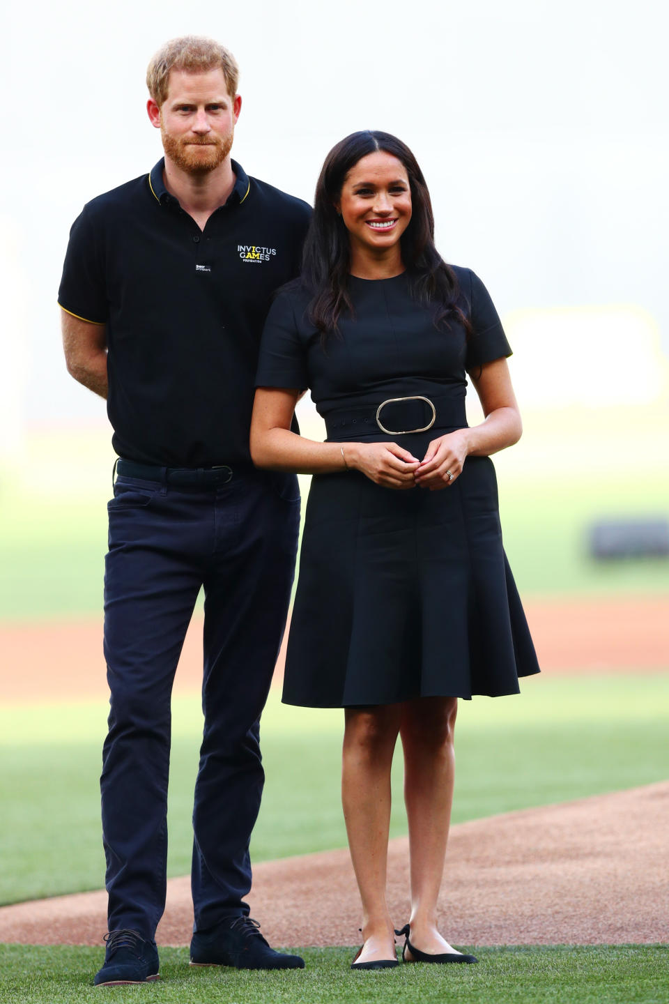 The Duchess of Sussex made a surprise appearance at London Stadium for a baseball match in a Stella McCartney dress. To finish the heatwave-ready ensemble, she chose her go-to £581 Aquazzura Deneuve flats and $395 (approximately £311) turquoise stud earrings by designer Jennifer Meyer. [Photo: Getty]