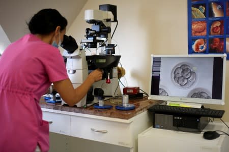 Medical worker looks through a microscope at an embryology laboratory at Robert Karoly Private Hospital in Budapest