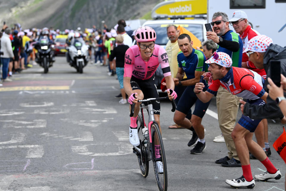 CAUTERETSCAMBASQUE FRANCE  JULY 06 Neilson Powless of The United States and Team EF EducationEasyPost competes climbing down the Col du Tourmalet 2115m while fans cheers during the stage six of the 110th Tour de France 2023 a 1449km stage from Tarbes to CauteretsCambasque 1355m  UCIWT  on July 06 2023 in  CauteretsCambasque France Photo by Tim de WaeleGetty Images