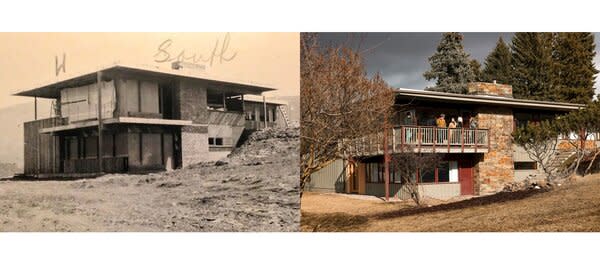 The Mosby House exterior during 1950 construction (left) and in 2024 (right), after the home was restored.