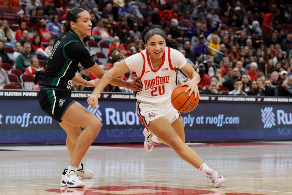 Ohio State's Kaitlyn Costner, right, dribbles past Wright State's Rachel Loobie during the second half of an NCAA college basketball game on Wednesday, Nov. 23, 2022, in Columbus, Ohio. (AP Photo/Jay LaPrete)