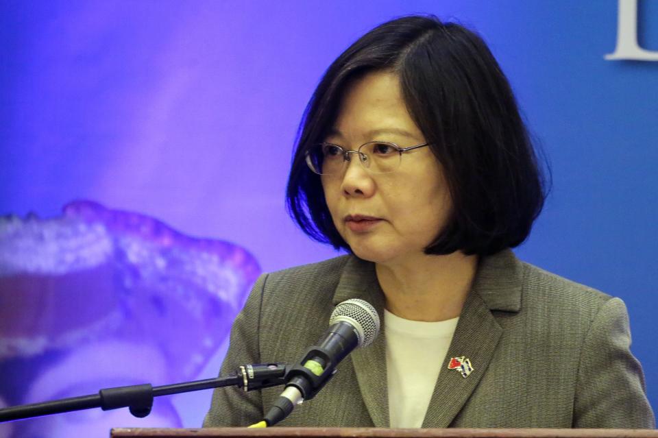 Taiwan's President Tsai Ing-wen attends a meeting with businessmen from Nicaragua and Taiwan in Managua on January 10, 2017. Tsai on Central America's tour is looking forward to strengthen cooperation ties, in Nicaragua she will attend Ortega's third Presidential inauguration. / AFP / INTI OCON        (Photo credit should read INTI OCON/AFP/Getty Images)