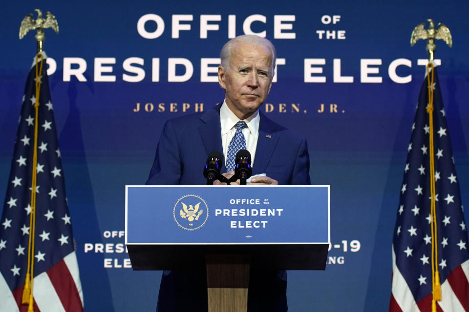 FILE - In this Nov. 9, 2020, file photo President-elect Joe Biden speaks The Queen theater in Wilmington, Del. Biden says he wants to “restore the soul of America.” But first the president-elect will need to fix a broken Congress. (AP Photo/Carolyn Kaster, File)