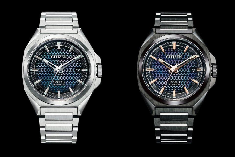 CITIZEN Series 8系列830錶款，其面盤採用三層錶盤設計，底層為金屬錶盤，中層為白蝶貝夾層，頂部則是金屬格紋，透出漂亮的珠光。錶款裝載0950自動上鏈機芯，定價約NT$56,000（黑色PVD款）與NT$53,000（精鋼款）。