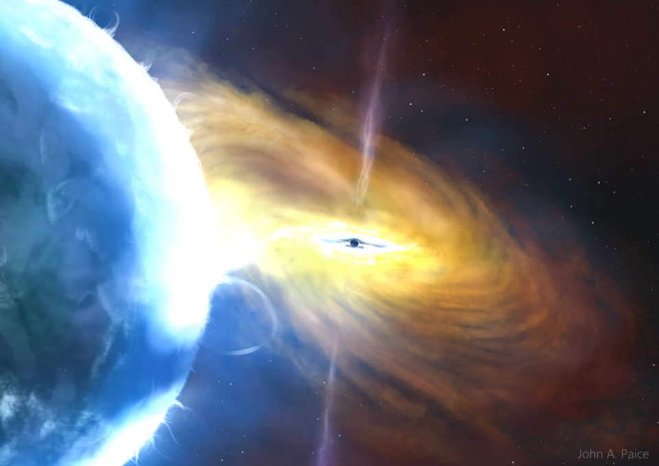 Artist’s impression of a black hole accretion. Astronomers have witnessed the universe's largest explosion ever and a team of astronomers led by the University of Southampton believe its caused by a supermassive black hole disrupting a vast cloud of gas, possibly thousands of times larger than our sun.
