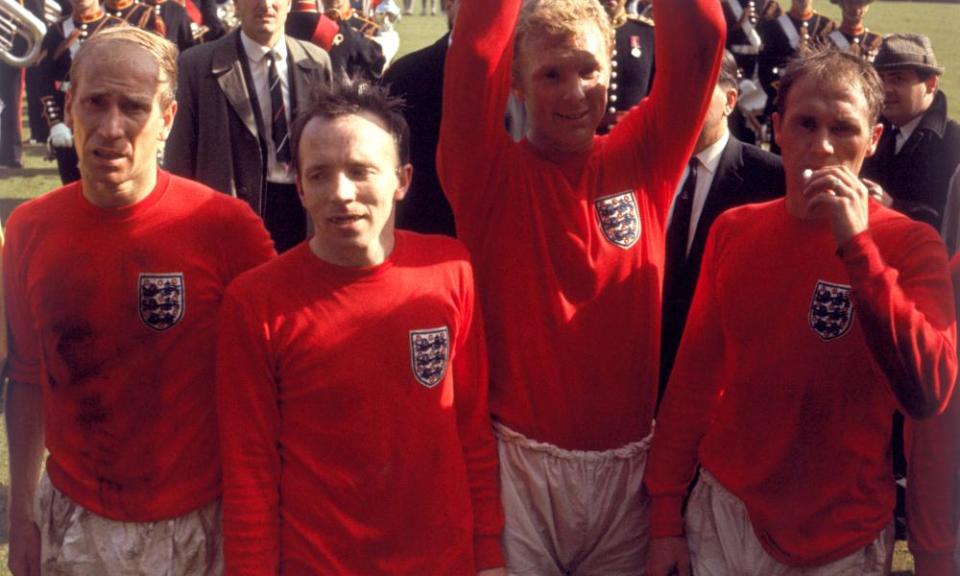 Nobby Stiles with Bobby Charlton, Bobby Moore and Ray Wilson after the 1966 World Cup final