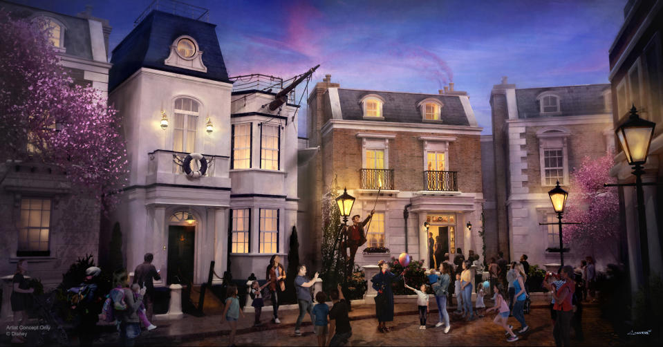 Epcot's United Kingdom pavilion will welcome the first attraction inspired by Mary Poppins. Guests will step in time down Cherry Tree Lane past Admiral Boom's house, then enter Number 17, home of the Banks family, where their adventure will begin. (Disney)