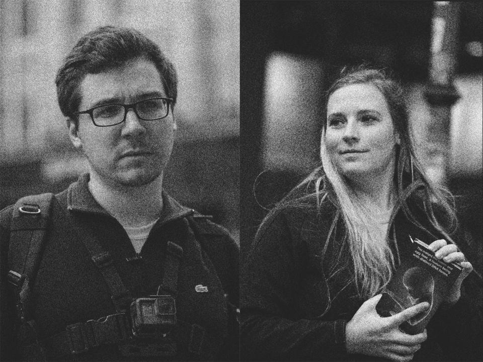 Nathan Berning standing in a street and Emily Faulkner in subway platform.