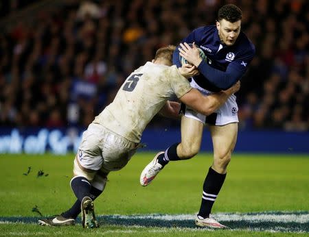 Rugby Union - Scotland v England - RBS Six Nations Championship 2016 - Murrayfield Stadium, Edinburgh, Scotland - 6/2/16 England’s George Kruis tackles Scotland’s Duncan Taylor Reuters / Russell Cheyne Livepic