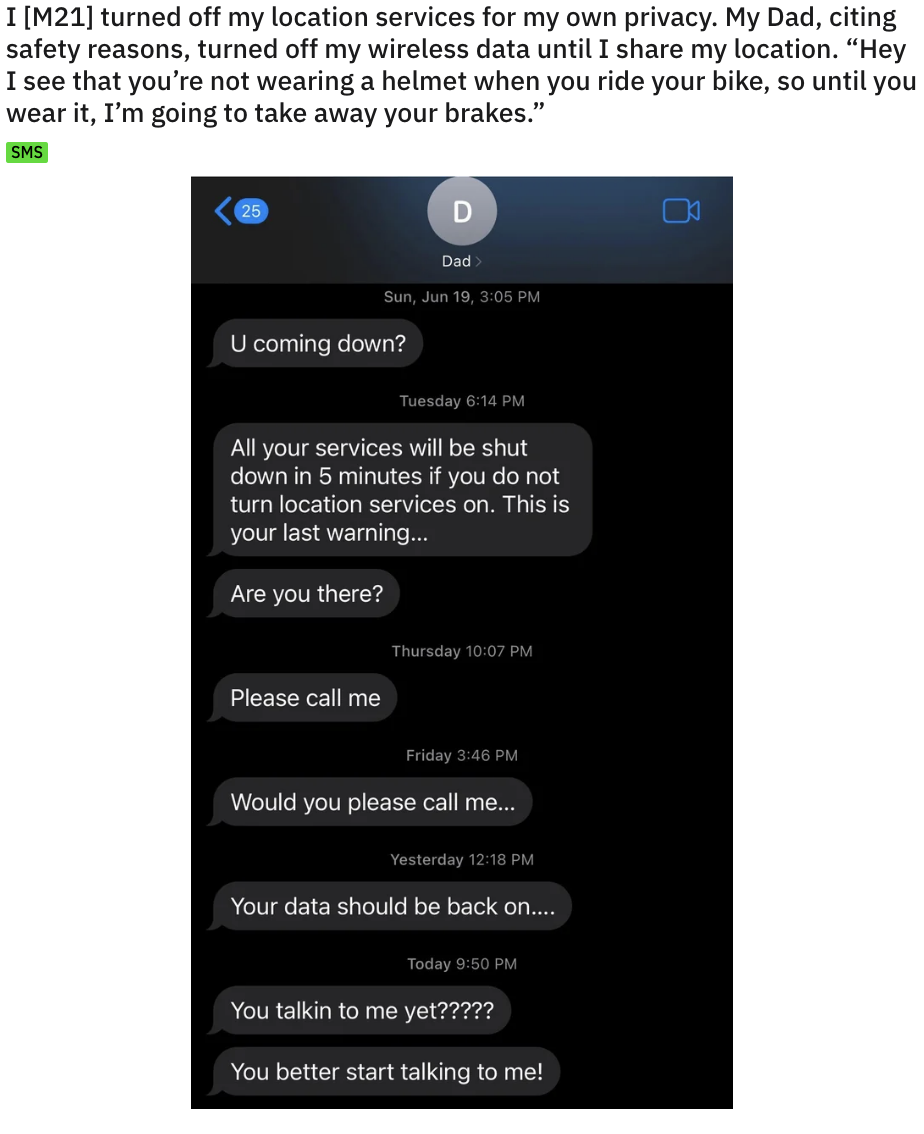 A text chain of the parent threatening to turn data off if location services aren't turned on, then days later, asking the child to call back and then saying data is back on; the child never responds to any of the texts