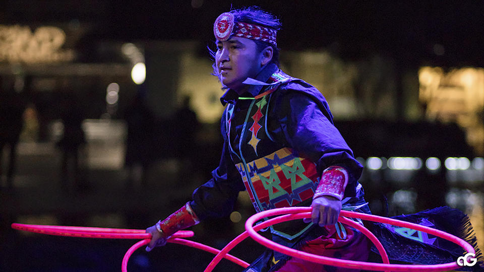 In this Aug. 10, 2018, photo provided by Anderson Gould Jr. shows hoop dancer Nakotah LaRance performs at the "Hip Hop/Electronic: Indigenous Music & Dance of the Grand Performances" in Los Angeles. LaRance, a champion hoop dancer who traveled the world performing with Cirque du Soleil, died Sunday, July 12, 2020, after he fell while climbing on an old bridge in Rio Arriba County in New Mexico. He was 30. (Anderson Gould Jr. via AP)