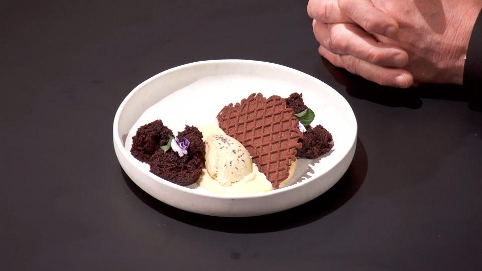 Grant Gillon made a torn stout cake with a coffee stout mousse with chocolate pizzelle and coffee ice cream in the finale of "MasterChef."