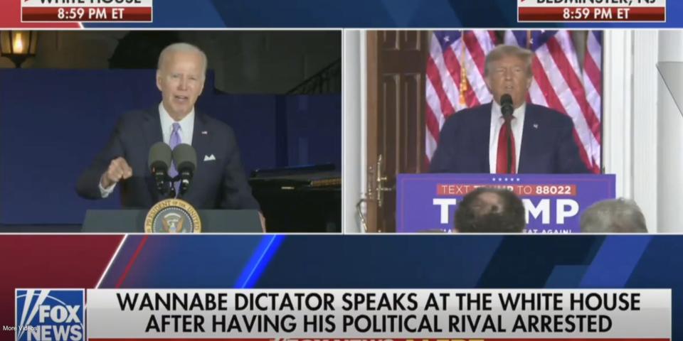 A screengrab of Fox News on Tuesday night shows Biden and Trump both giving speeches