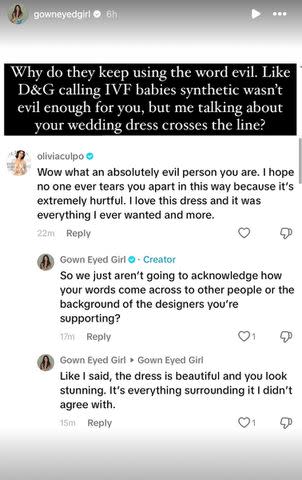 <p>Kennedy Bingham/ Instagram</p> Olivia Culpo responds to stylist about her comments on her wedding dress