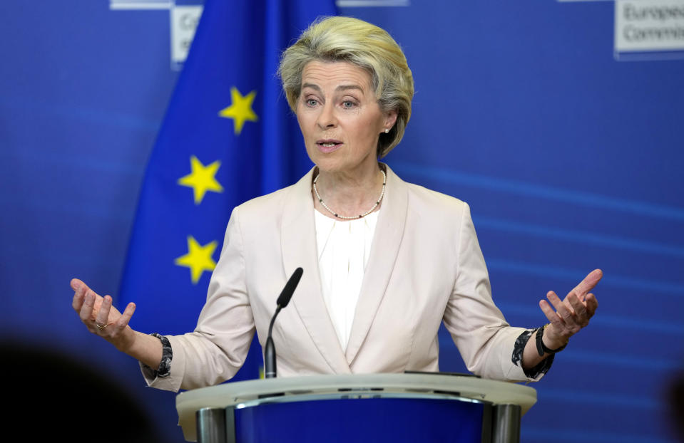 European Commission President Ursula von der Leyen addresses a media conference at EU headquarters in Brussels, Tuesday, July 19, 2022. The European Union on Tuesday is starting the long enlargement process that aims to lead to the membership of Albania and North Macedonia in the bloc. (AP Photo/Virginia Mayo)