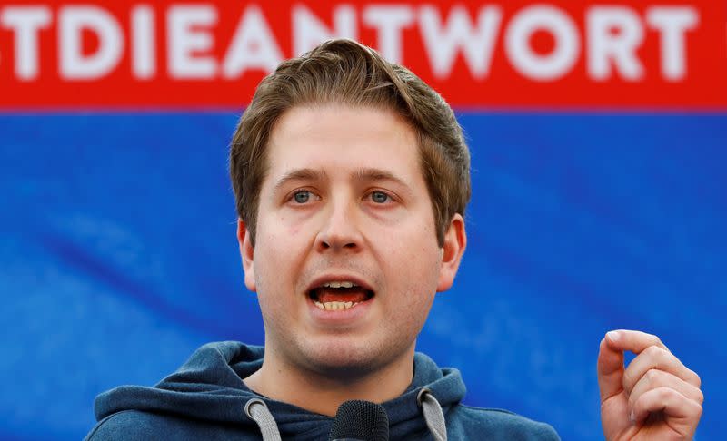 FILE PHOTO - Kevin Kuehnert, leader of the SPD's youth wing Jusos, attends an EU election campaign rally in Saarbruecken