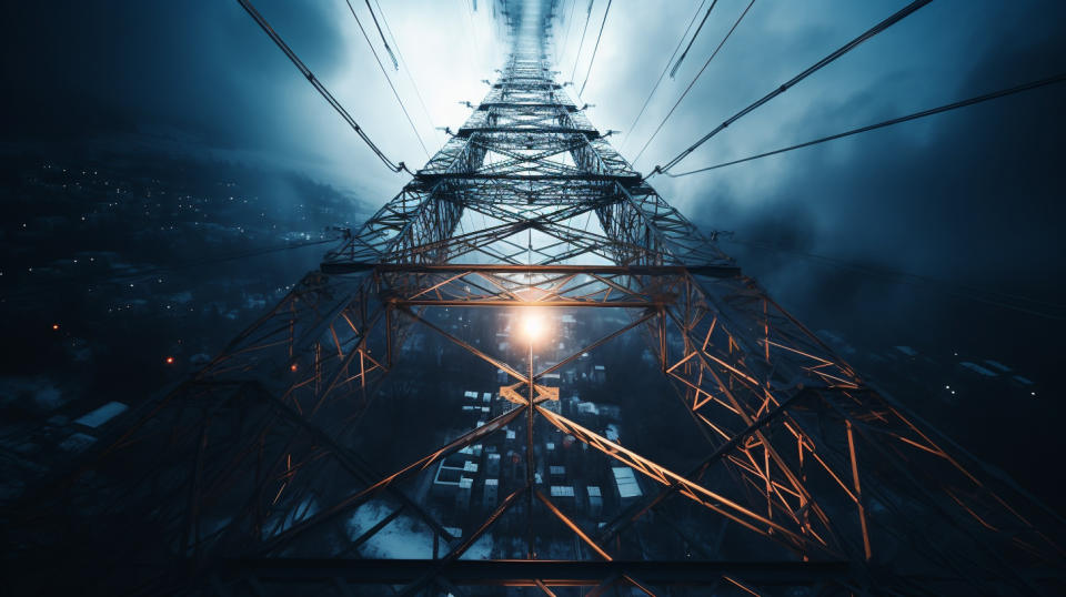 An overhead view of a powerful electricity transmission tower with in motion cables.