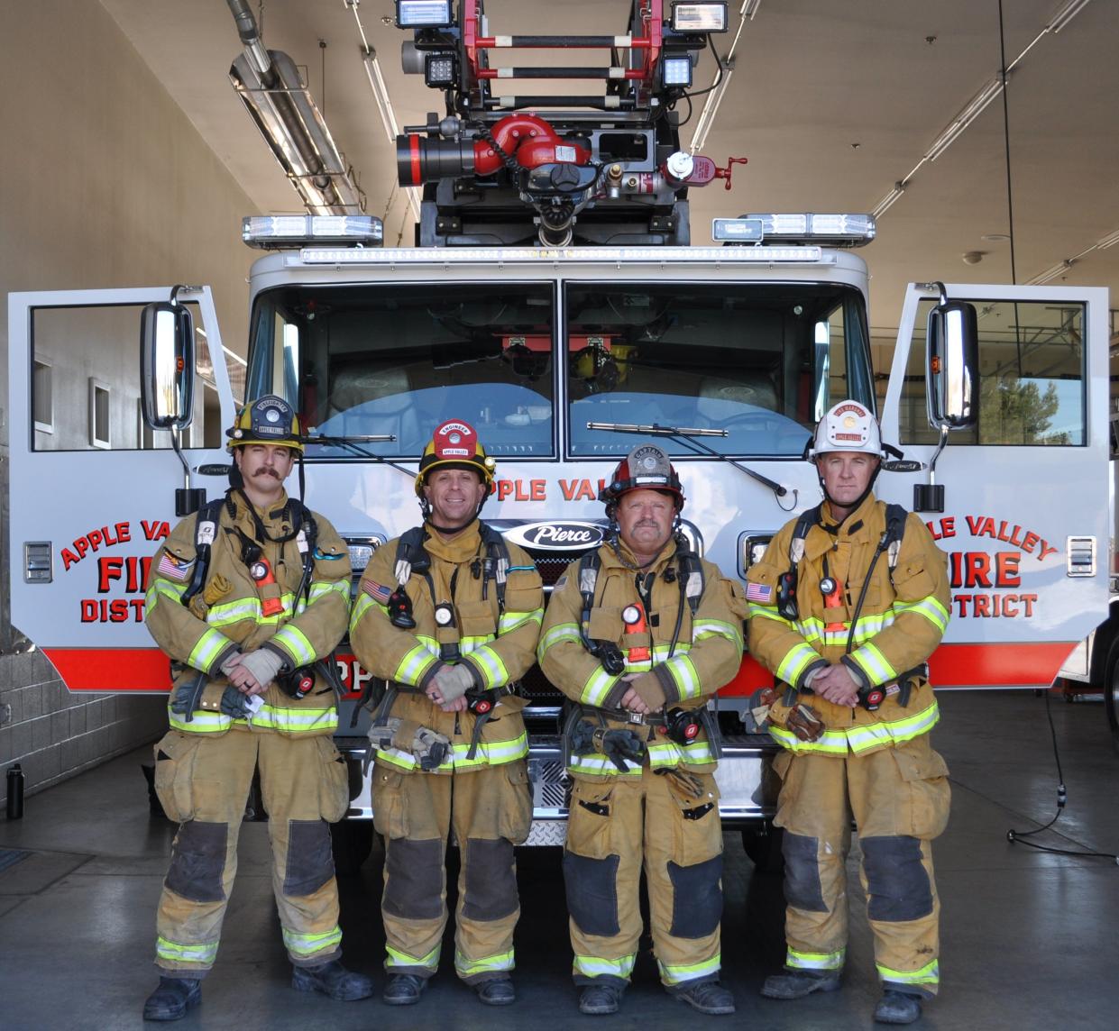 Apple Valley Fire Protection District personnel plan to climb nearly 70 floors of the Columbia Center skyscraper in Seattle in March during the 32nd  annual Leukemia & Lymphoma Society Firefighter Stairclimb fundraiser. Pictured left to right, firefighter Corey Fratt, firefighter and District Stair Climb Team Captain David Martinez, Fire Captain John Watterson and Fire Marshal Brian Pachman.
