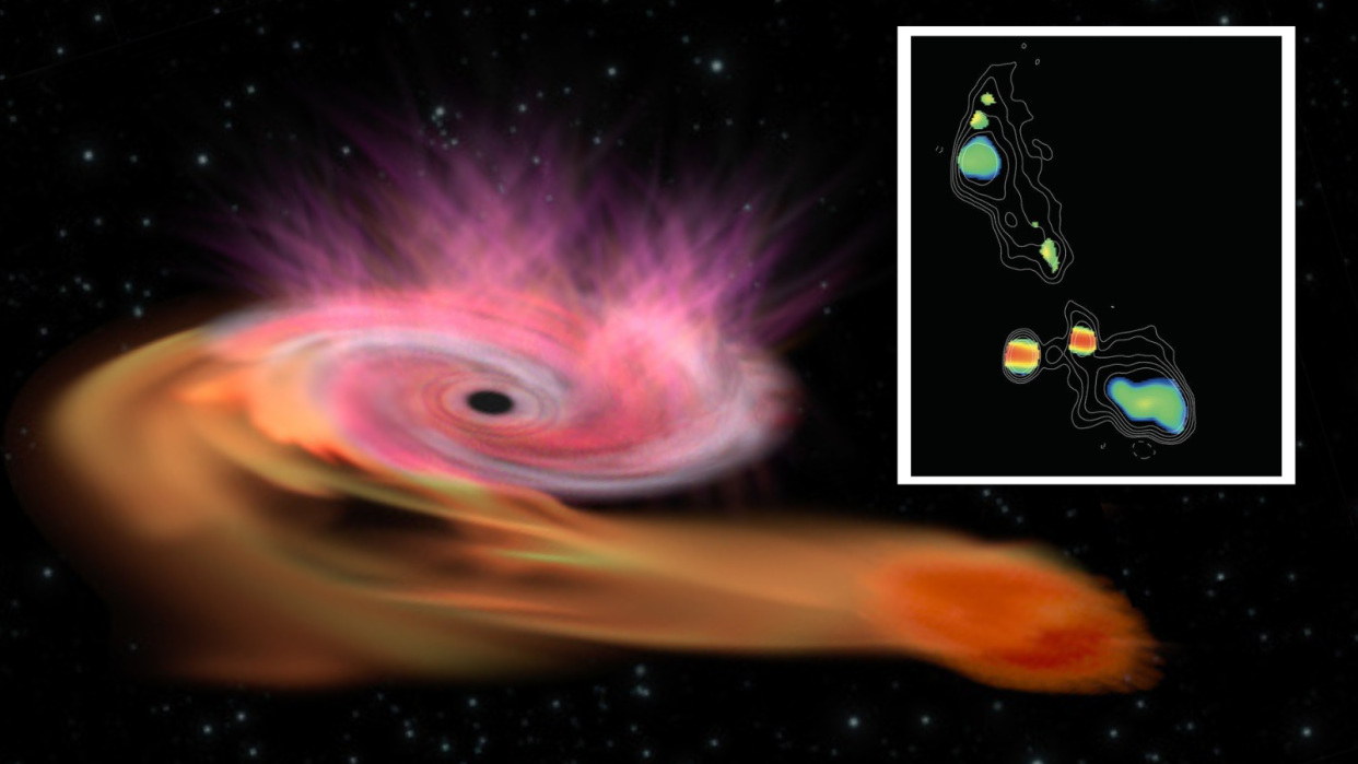  Artist's illustration of a black hole devouring a star, generating a pinkish swirl of gas and dust in deep space. 