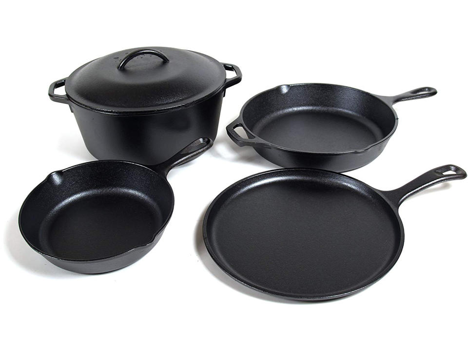 The Lodge 5-piece Cast-iron Set includes the essentials every kitchen should have: A 10.5-inch round griddle, an 8-inch skillet, a 10.5-inch skillet, a 5-quart Dutch oven and a 10.25-inch iron cover. (Photo: Amazon)