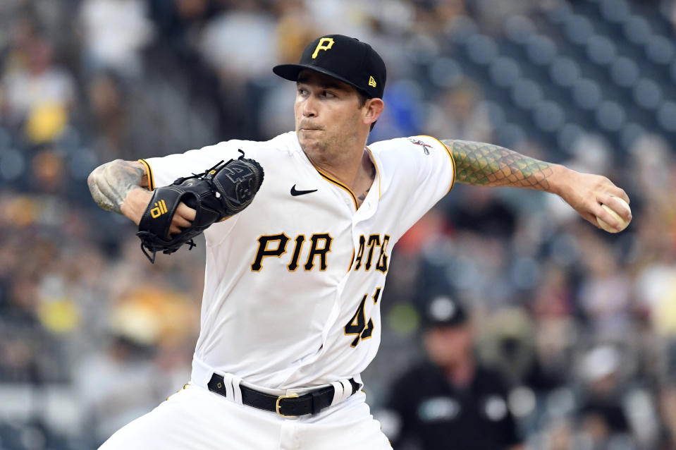 Pittsburgh Pirates starter Steven Brault pitches in the first inning of a baseball game against the St. Louis Cardinals, Saturday, Aug. 28, 2021, in Pittsburgh, Pa. (AP Photo/Philip G. Pavely)