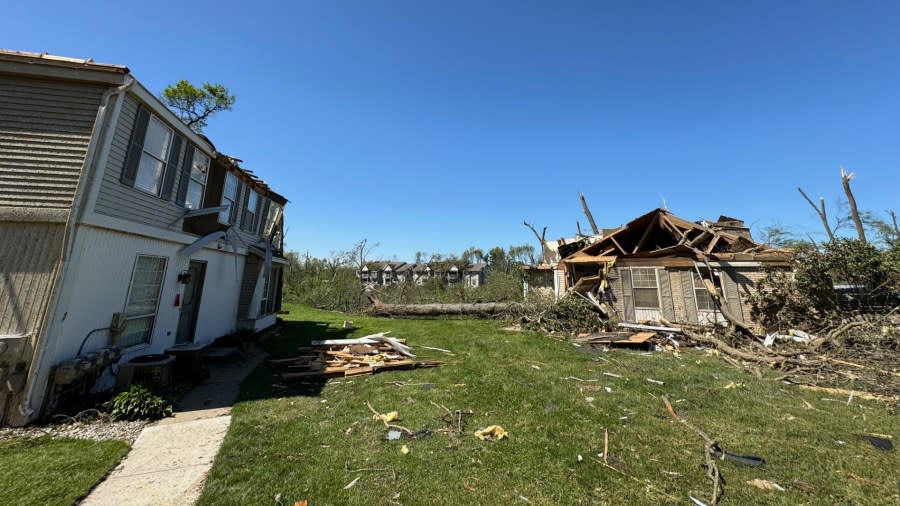 Damage at Timbercreek Townhouses in Portage the day after a tornado ripped through. (May 8, 2024)