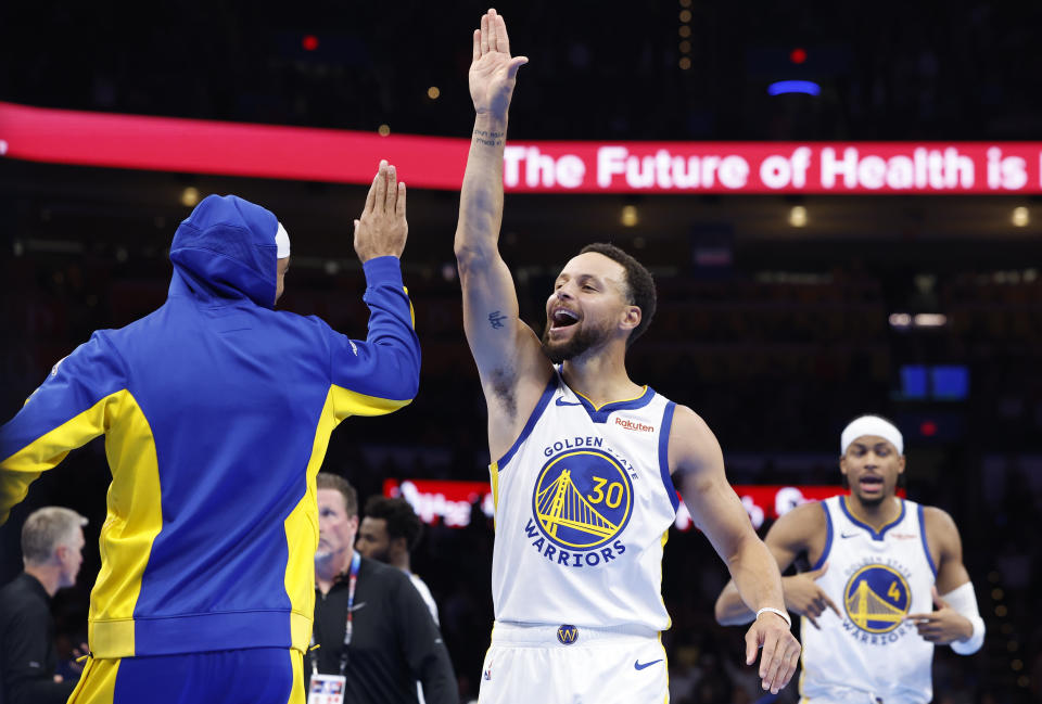 Nov 3, 2023; Oklahoma City, Oklahoma, USA; Golden State Warriors guard Stephen Curry (30) celebrates after defeating the Oklahoma City Thunder at Paycom Center. Golden State won 141-139. Mandatory Credit: Alonzo Adams-USA TODAY Sports