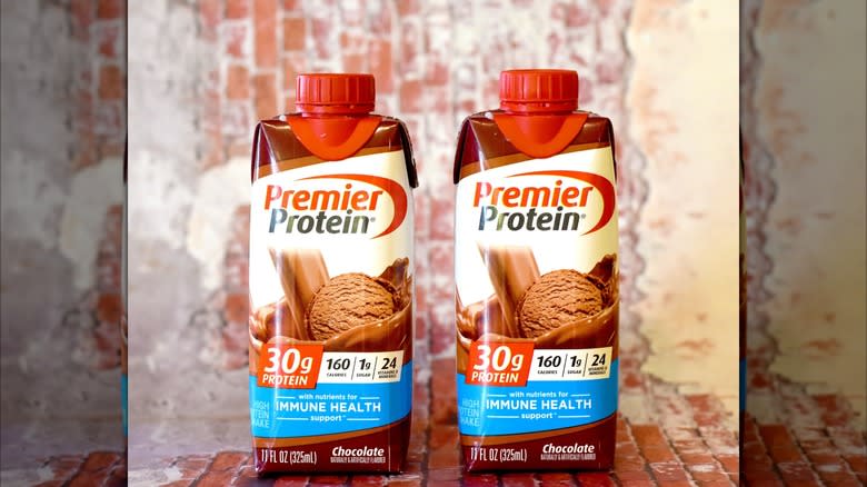 two chocolate premier protein bottles
