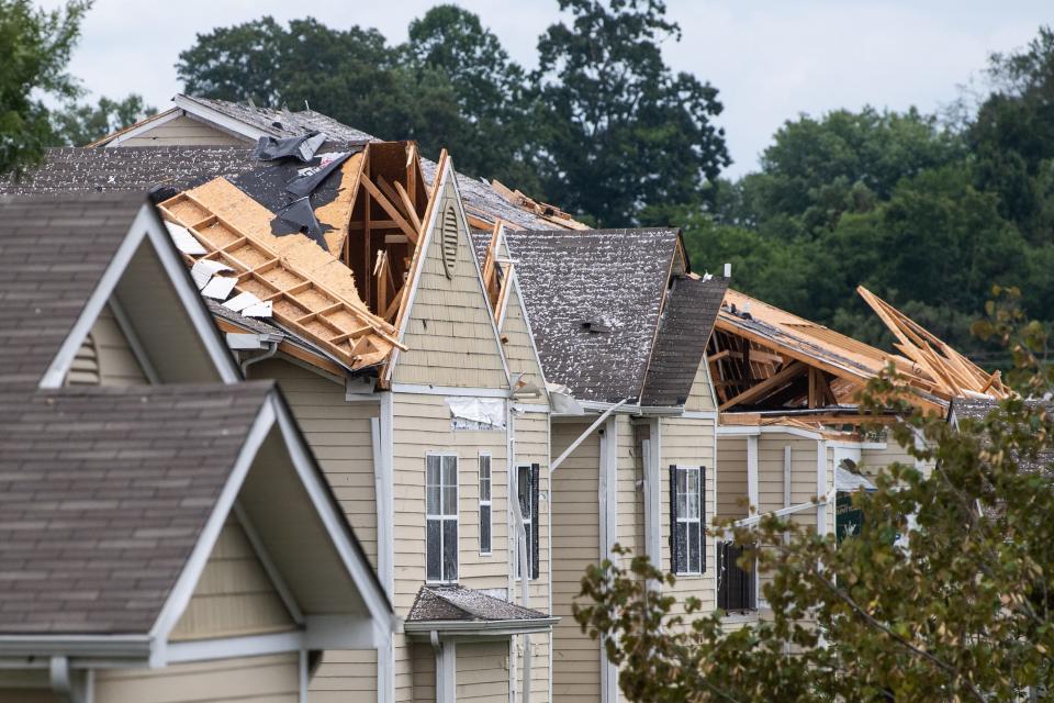 Roof damage is seen on one of the apartment buildings at Lovell Crossing Apartments in western Knox County on Tuesday, August 8, 2023. A preliminary report from the National Weather Service shows an F2 tornado with winds of up to 130 mph caused damage to the apartment complex.