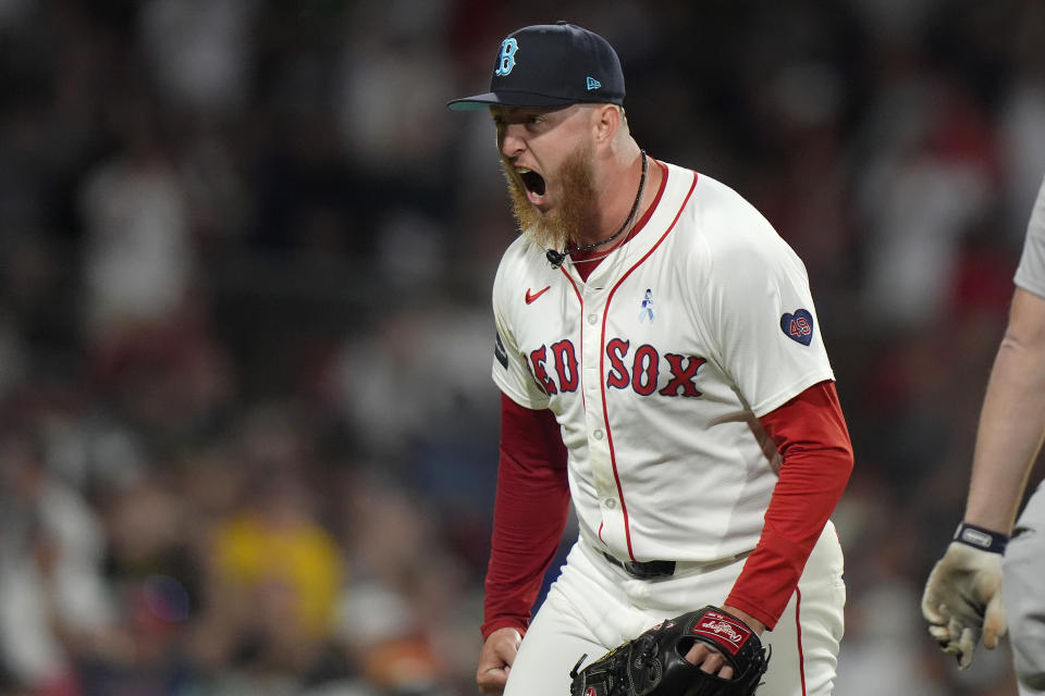 Boston Red Sox pitcher Zack Kelly reacts after allowing no runs while pitching in the seventh inning of a baseball game against the New York Yankees, Sunday, June 16, 2024, in Boston. (AP Photo/Steven Senne)