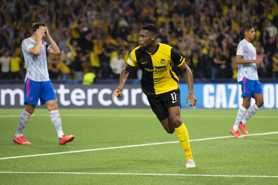 Young Boys' Jordan Siebatcheu celebrates after scoring during the Champions League group F soccer match between BSC Young Boys and Manchester United, at the Wankdorf stadium in Bern, Switzerland, Tuesday, Sept. 14, 2021. (Peter Klaunzer/Keystone via AP)