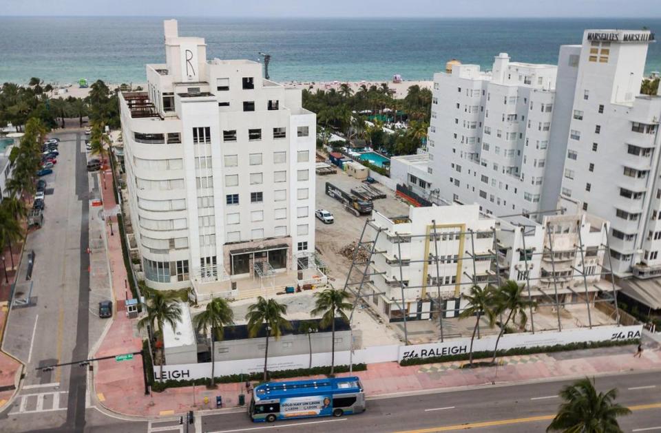 An aerial view shows the Raleigh Hotel in Miami Beach, at left, with two smaller gutted historic hotels to its right. The three Art Deco hotels will be restored by developer Michael Shvo. A luxury condo tower will be built behind the two smaller hotels.