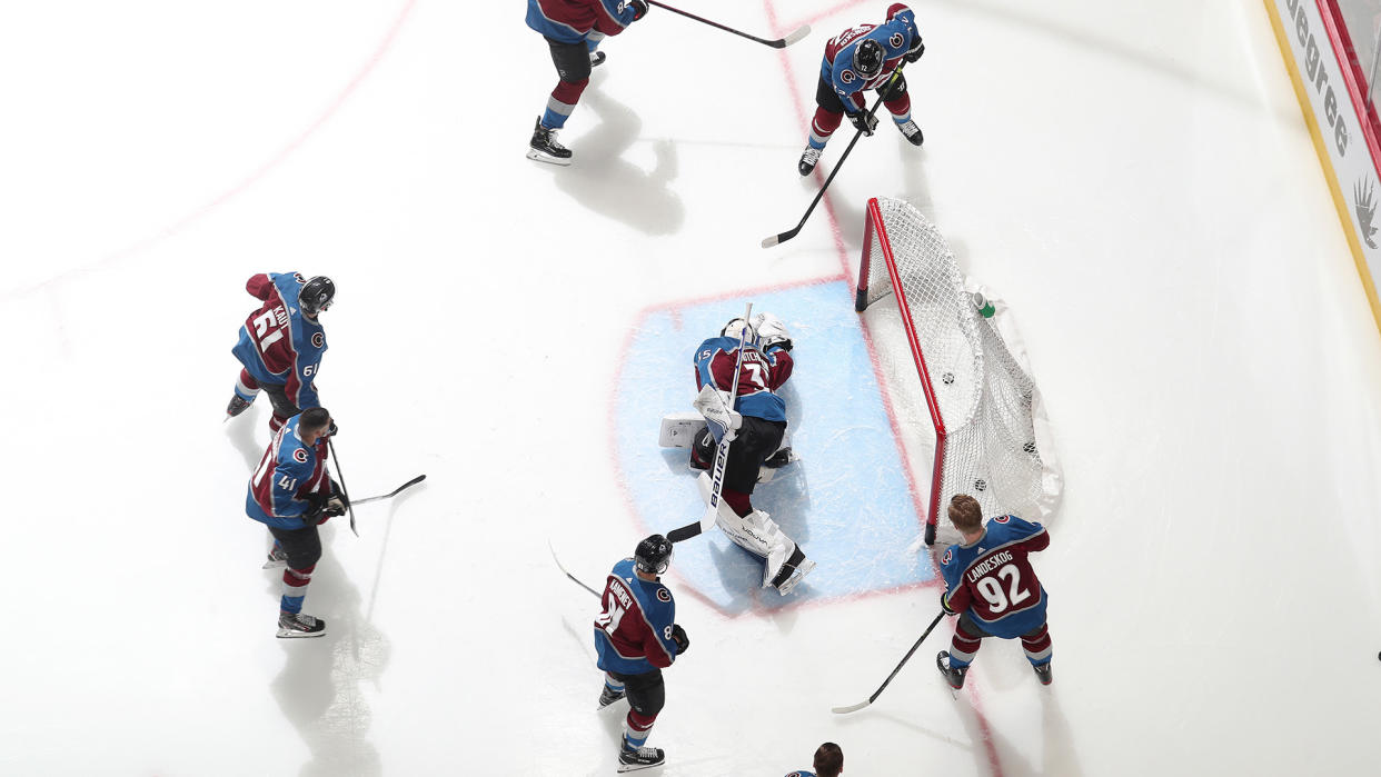 DENVER, COLORADO - MARCH 11: Members of the Colorado Avalanche warm up prior to the game against the New York Rangers at Pepsi Center on March 11, 2020 in Denver, Colorado. (Photo by Michael Martin/NHLI via Getty Images)