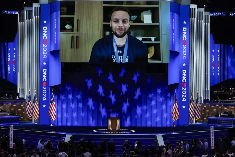 CHICAGO, ILLINOIS - AUGUST 22: NBA player Steph Curry delivers a video message during the final day of the Democratic National Convention at the United Center on August 22, 2024 in Chicago, Illinois. Delegates, politicians, and Democratic Party supporters are gathering in Chicago, as current Vice President Kamala Harris is named her party's presidential nominee. The DNC takes place from August 19-22. (Photo by Chip Somodevilla/Getty Images)