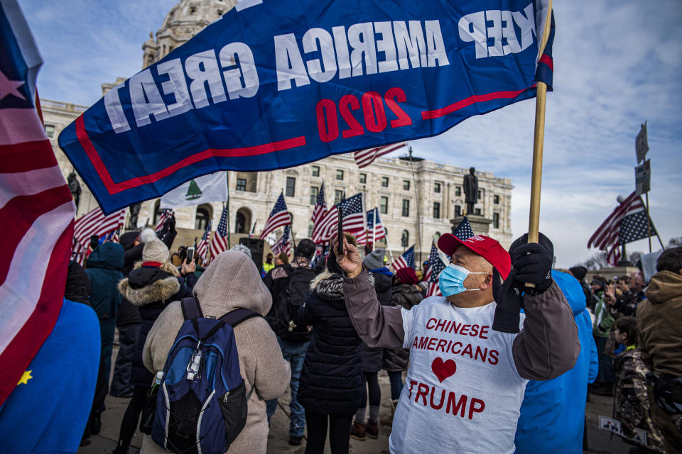 Protesters attended a rally in support of President Donald Trump on the steps of the Minnesota State Capitol on Wednesday, Jan. 6, 2021 in St. Paul, Minn. (Richard Tsong-Taatarii/Star Tribune via AP)