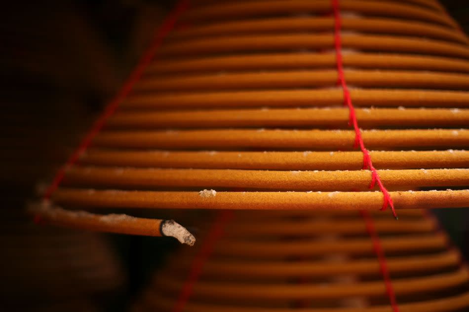 Close up of incense burning in Man Mo Temple.