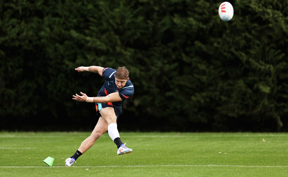 Zac Lomax, pictured here practicing his goal-kicking in NSW camp.