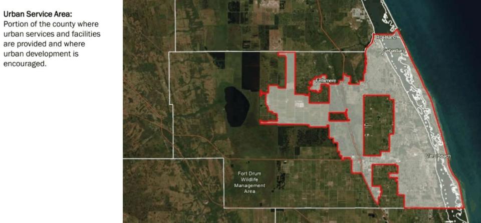 Indian River County and its municipalities have agreed to pave roads, provide water and other urban services for property owners in shaded areas shown here in a map of the county provided in October 2021. Outside, especially in a large portion of western Indian River County, zoning is more restrictive.