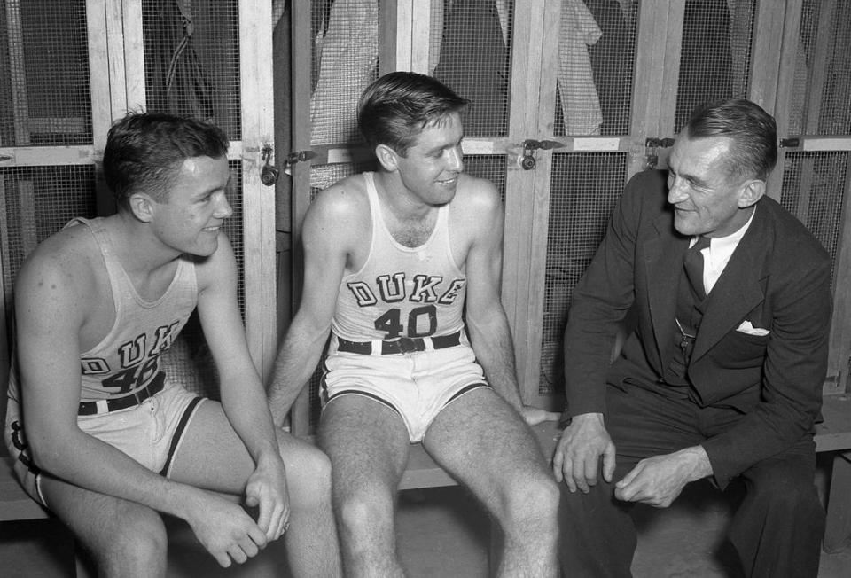 Duke Coach Jerry Gerard with players in locker room following the Duke Maryland basketball game of January 4, 1945.