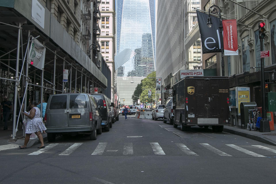 <p>Construction on Fulton Street at Nassau Street, just down the street from the World Trade Center site, on Sept. 5, 2018. (Photo: Gordon Donovan/Yahoo News) </p>