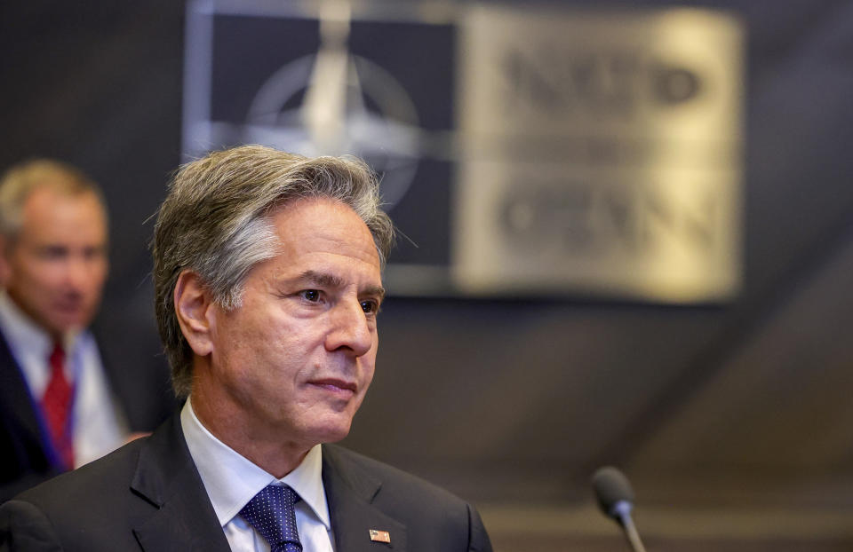 US Secretary of State Antony Blinken attends a meeting of NATO ambassadors at NATO headquarters in Brussels, Friday, Sept. 9, 2022. (AP Photo/Olivier Matthys, Pool)