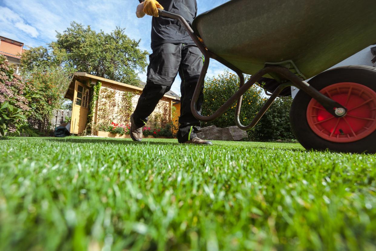 man pushing wheelbarrow over grass