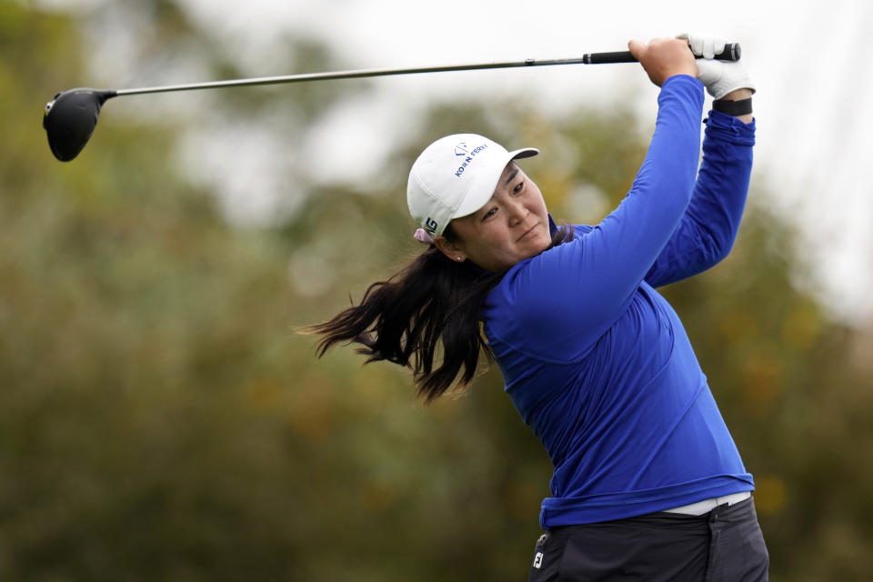Allisen Corpuz hits from the 15th tee during the second round of the U.S. Women's Open golf tournament at the Pebble Beach Golf Links, Friday, July 7, 2023, in Pebble Beach, Calif. (AP Photo/Godofredo A. Vásquez)