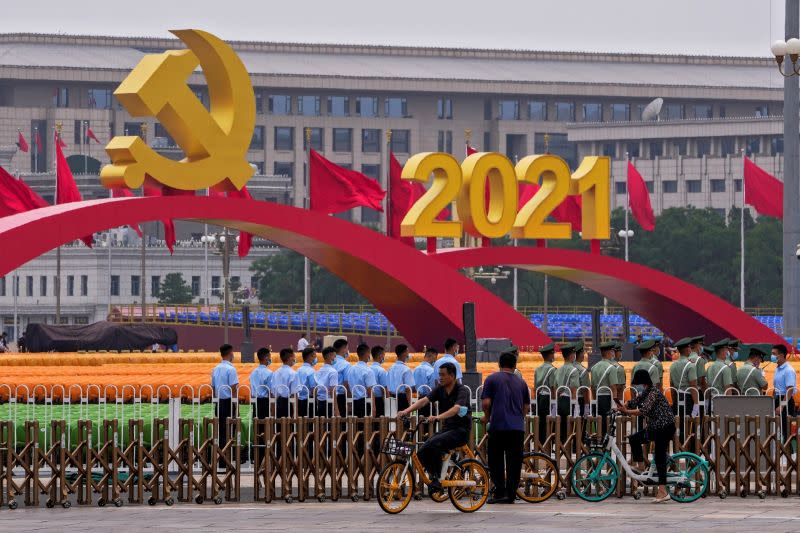 ▲中國共產黨昨（1）日迎來建黨100年黨慶。圖為天安門廣場。（圖／美聯社／達志影像）
