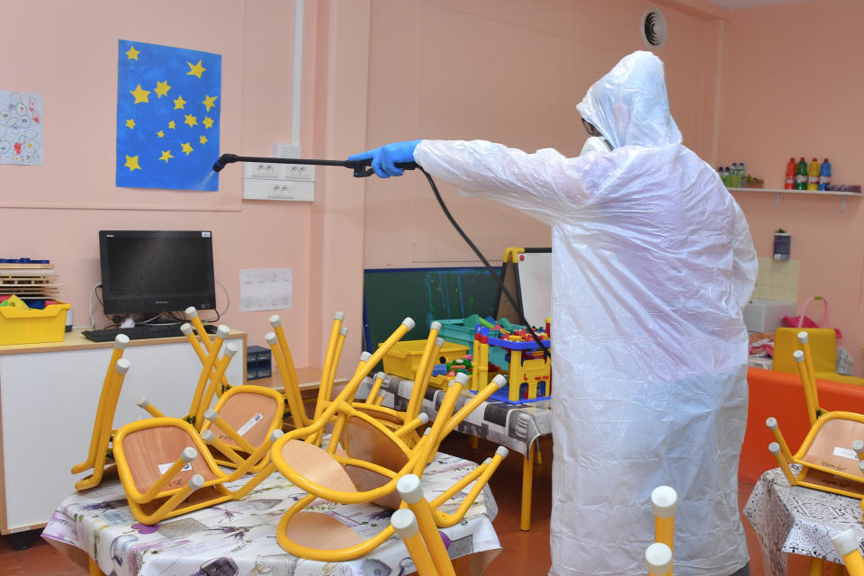 Emergency Preparedness and Response WASH and Infection Prevention and Control Measures in Schools and public places in Cannes, France on May 5, 2020. Cannes to gradually open schools and daycare centers on May 11 with safety restrictions and requirements in place. (Photo by Lionel Urman/Sipa USA)