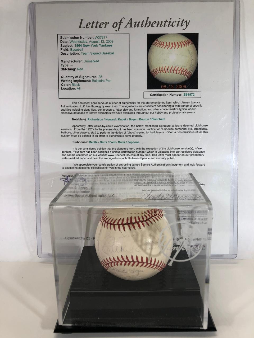 The letter of authenticity that accompanies this signed baseball adds substantially to it value.
